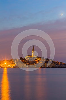 Beautiful romantic old town of Rovinj after magical sunset and moon on the sky,Istrian Peninsula,Croatia,Europe