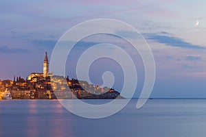 Beautiful romantic old town of Rovinj after magical sunset and moon on the sky,Istrian Peninsula,Croatia,Europe