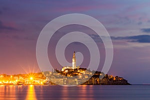 Beautiful romantic old town of Rovinj after magical sunset and moon on the sky,Istrian Peninsula,Croatia,Europe