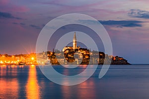 Beautiful romantic old town of Rovinj after magical sunset and moon on the sky,Istrian Peninsula,Croatia,Europe