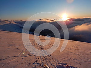 Romantic sunset in Krkonose mountains in czech