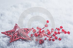 Bellissimo antico cuore rosso vischio frutti di bosco sul bianco la neve. un San Valentino 