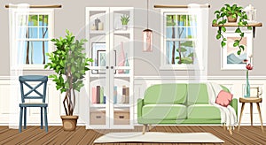 Beautiful room interior design with a sofa, a bookcase, and two windows. Cartoon vector illustration