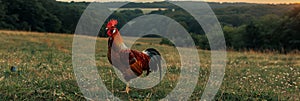 Beautiful rooster on vibrant green alpine meadows with ample space for text banner photo