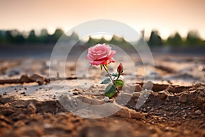 A beautiful rose blooms in the desert