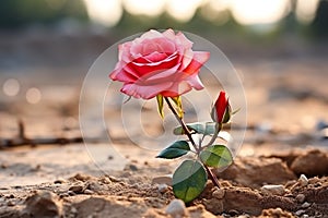 A beautiful rose blooms in the desert