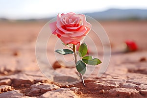 A beautiful rose blooms in the desert