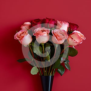 Beautiful rose bouquet on red backdrop, perfect for gifting