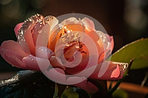 Beautiful rose bud with dew drops in the morning light. AI Generated