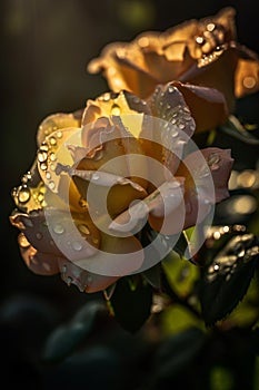 Beautiful rose bush with dew drops in the morning light. AI Generated