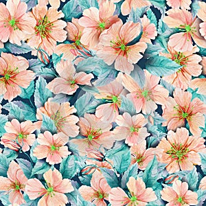 Beautiful rose hip flowers with leaves in seamless pattern. Colorful floral background. Watercolor painting.