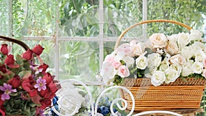 Beautiful rose and many kind of flowers in flower shop with slide motion. flower shop background