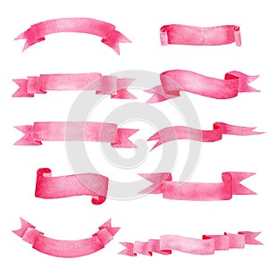 Beautiful rose pink ribbon watercolour raster illustrations set