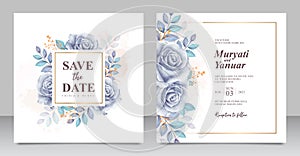 Beautiful roses blue watercolor wedding invitation card template photo
