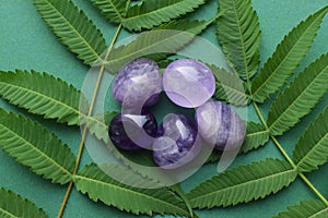 Beautiful round amethyst stones  with a green branch on a green background. Healing crystals