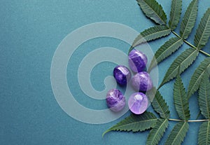 Beautiful round amethyst stones with a green branch on a green background. Healing crystals. Copy space, flat lay