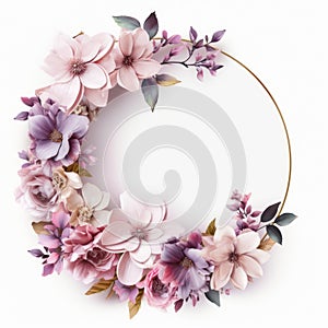 Beautiful round floral frame white background. Generative AI weber.