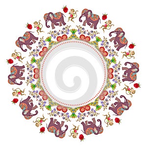 Beautiful round frame with flowers, cute cartoon elephants, dancing monkeys and raspberries.