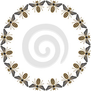 Beautiful round frame of flying bees, dragonflies, shiny gold and black print with precious rhinestones, embroidery and jewelry