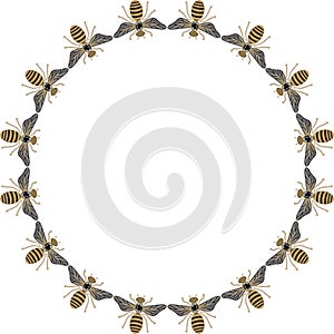 Beautiful round frame of flying bees, dragonflies, shiny gold and black print with precious rhinestones, embroidery and jewelry