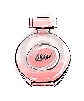 Beautiful round perfume bottle, women s pink glass bottle of toilet water. Modern fashion sketch, watercolor and line