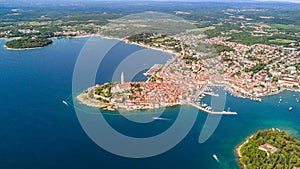 Beautiful Rovinj city aerial view from above the Adriatic sea. The old town of Rovinj, Istria, Croatia