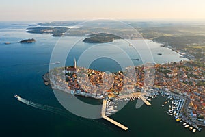 Beautiful Rovinj at sunrise. Aerial photo. The old town of Rovinj, Istria, Croatia