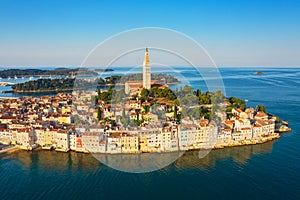 Beautiful Rovinj at sunrise. Morning aerial photo. The old town of Rovinj, Istria, Croatia