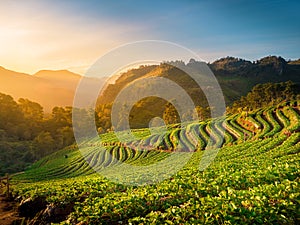 Beautiful rows of strawberry plant, farming in the high mountain hills in the morning