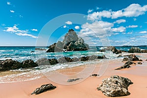 Beautiful rugged eroding rocks on ocean coastline. NSW, Australia.