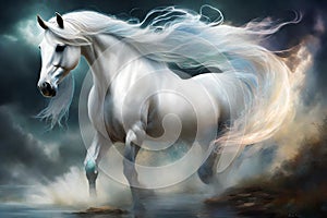 Beautiful running white horse with a long mane like spiritual animal topics