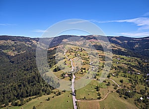 Beautiful rural area in the Apuseni mountains, Transylvania, Romania as seen from above with a drone. Aerial shot