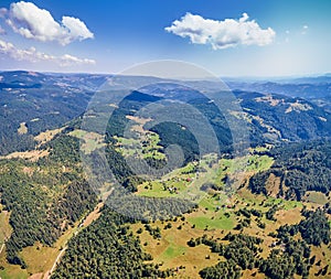 Beautiful rural area in the Apuseni mountains, Transylvania, Romania as seen from above with a drone. Aerial shot