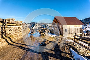 Beautiful rural landscape against the backdrop of the Carpathian Mountains in early spring