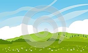 Beautiful rural landscape with field, hills, forest and sky with clouds. Color vector illustration of a flat style for a