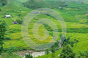 Beautiful rural landscape of rice terraces, river and village ho