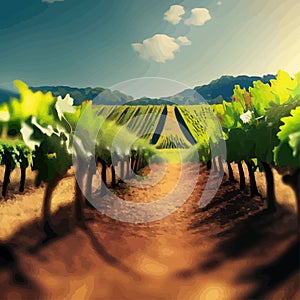 Beautiful rural scene with vineyard on hills with trees and bushes against