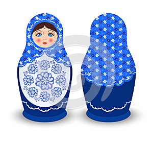 Beautiful Russian Doll in a Blue Sundress. Isolated Matryoshka Front, Back View. Wooden Toy, flowers pattern on clothes. A Fairy-