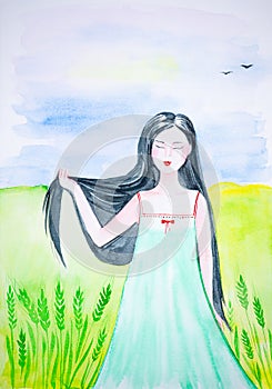 A beautiful Russian girl in the open field stands with her eyes closed and holds her long black hair in the wind. Watercolor