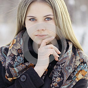 Beautiful Russian woman at winter nature