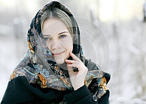 Beautiful Russian woman at winter nature