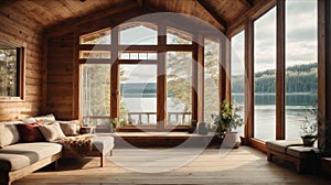 Beautiful rustic cottage with wooden walls and ceilings. Big window with vue on lake and forest on a sunny day.