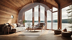 Beautiful rustic cottage with wooden walls and ceilings. Big window with vue on lake and forest on a sunny day. photo