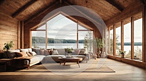 Beautiful rustic cottage with wooden walls and ceilings. Big window with vue on lake and forest on a sunny day. photo