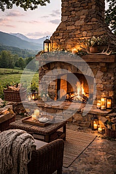 Rustic Outdoor Stone Fireplace with Candles, Lanterns and Mountain View