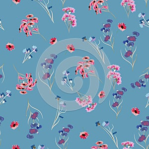 Beautiful rustic vector floral seamless pattern with pink flowers on blue