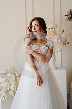 Sad bride in wedding dress nervous about ceremony