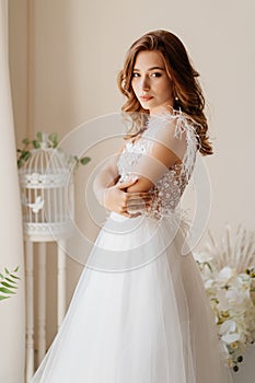 Sad bride in wedding dress nervous about ceremony