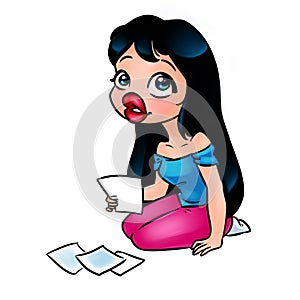 Beautiful sad girl looking photos cartoon illustration