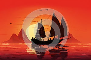 A beautiful sailboat gliding through the ocean as the sun sets on the horizon, Silhouette of a Chinese junk boat against a sunset